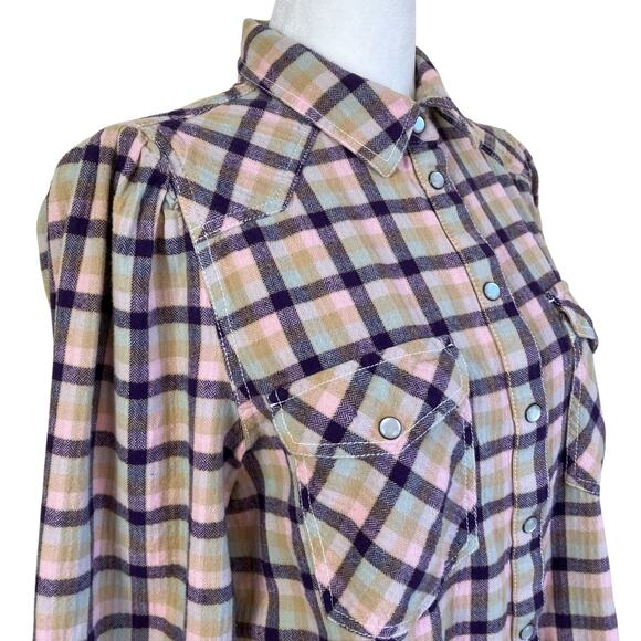 Sundance Sz M Lenora Plaid Flannel Pearl-snap Button-down Shirt Cotton Western - Picture 7 of 16